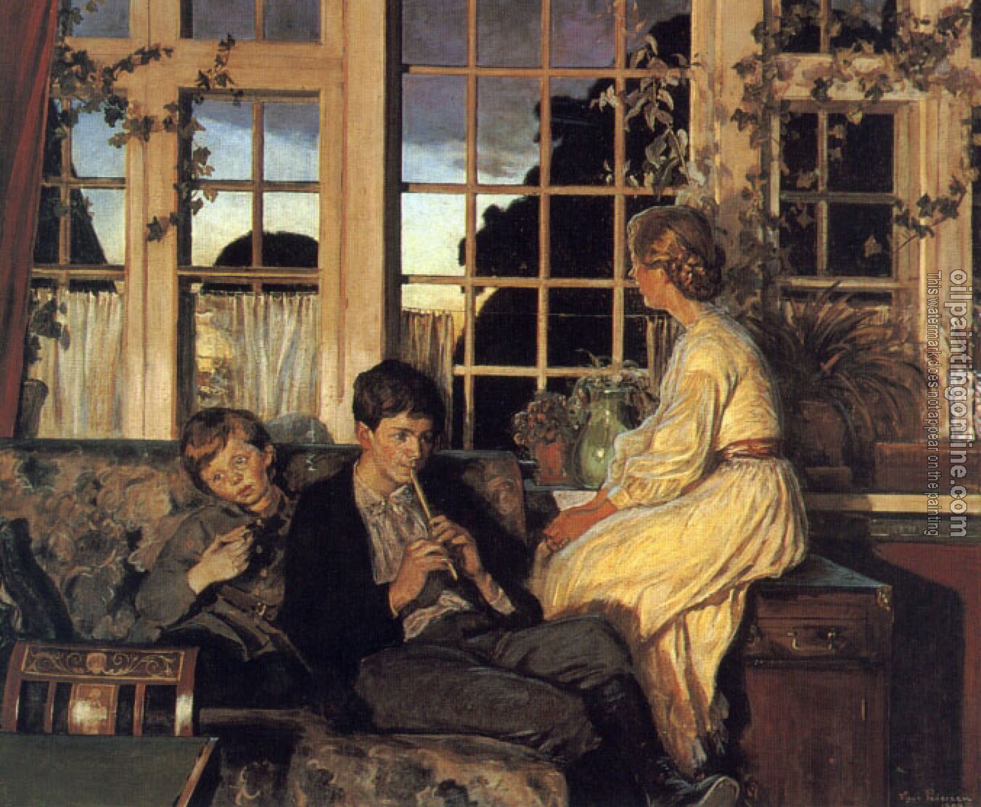 Pedersen, Viggo - A Mother and Children by a Window at Dusk